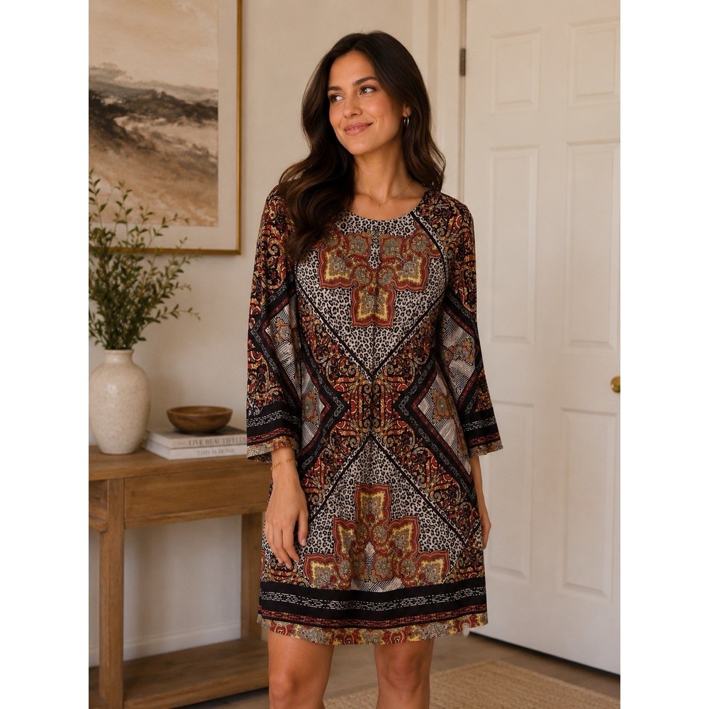 Chico's Multicolor Paisley Leopard Knit V-Neck 3/4 Sleeve Knee Dress 1